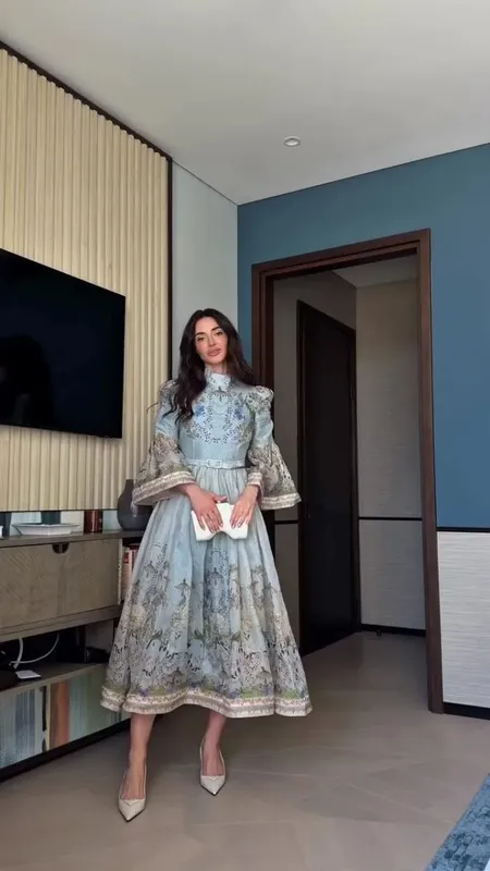 Spitze Gedruckt frauen Kleid Elegante Halb Hohe Kragen Lose Hülse Einreiher Gürtel Weiblichen Rock 2026 Sommer Dame Drapierte robe — image 8