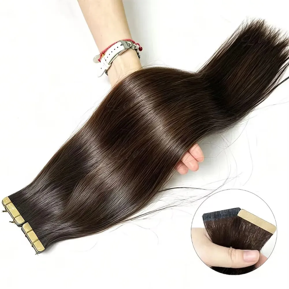 PU SKin Invisible Seamless Real Human Hair Tape in Hair Extensions Brazilian Dark Brown 16-24 Inch Remy Straight Hair 100% Human Hair For Women — image 9