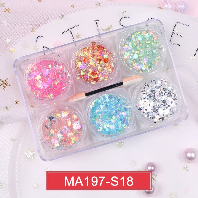 6Jar/set Holographic Body Glitter Gel Chunky Face Eye Heart Star Shaped Sparkle Glitter Sequins Makeup Nail Festival Party Decor