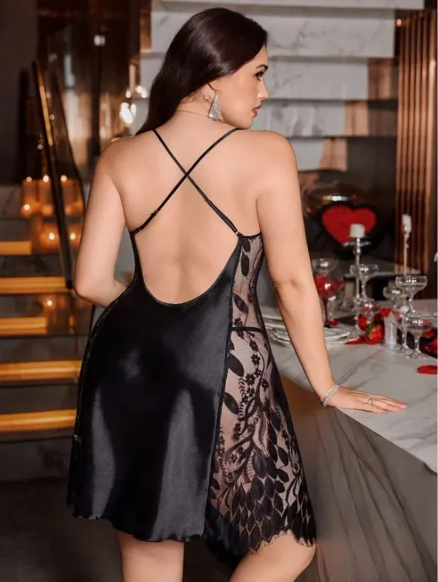 Women's Glossy Black Satin Nightgown Cowl Neck Thin Spaghetti Straps Side Leaf Lace Panel Plus Size Luxurious Home Short Sleep — image 2