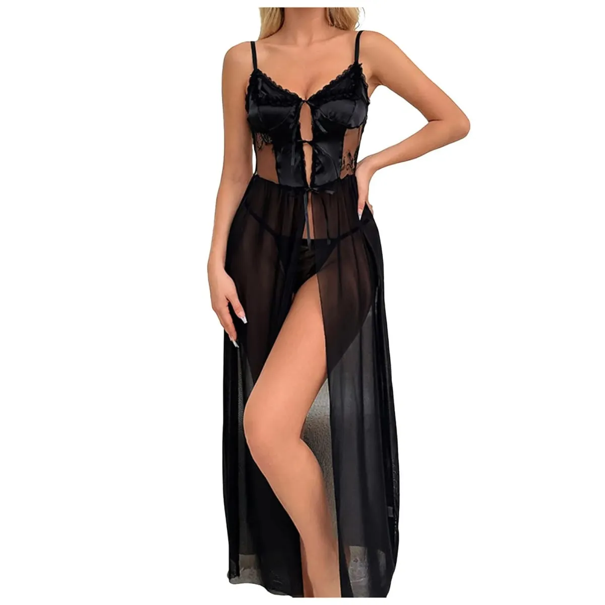Women Sexy Red Lingerie Bodysuit See Through Mesh Suspender Lingerie Nightdress For Ladies Plus Size Lace Up Long Underwear Sets