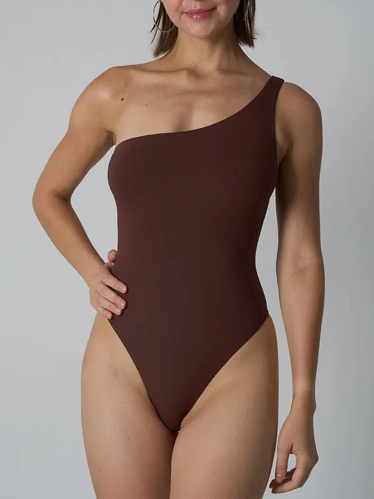 Diagonal Shoulder Jumpsuit Women's Solid High Elasticity Thin Shapewear Bodysuit Female Fashion Streetwear Slim Sports Underwear
