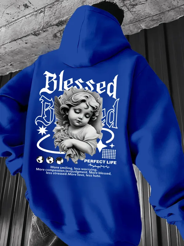 Men's Aesthetic Angel Hoodie Hip Hop Sports Streetwear Blessed Vintage Cherub Print Casual Loose Pullover Sweatshirt Tops — image 3
