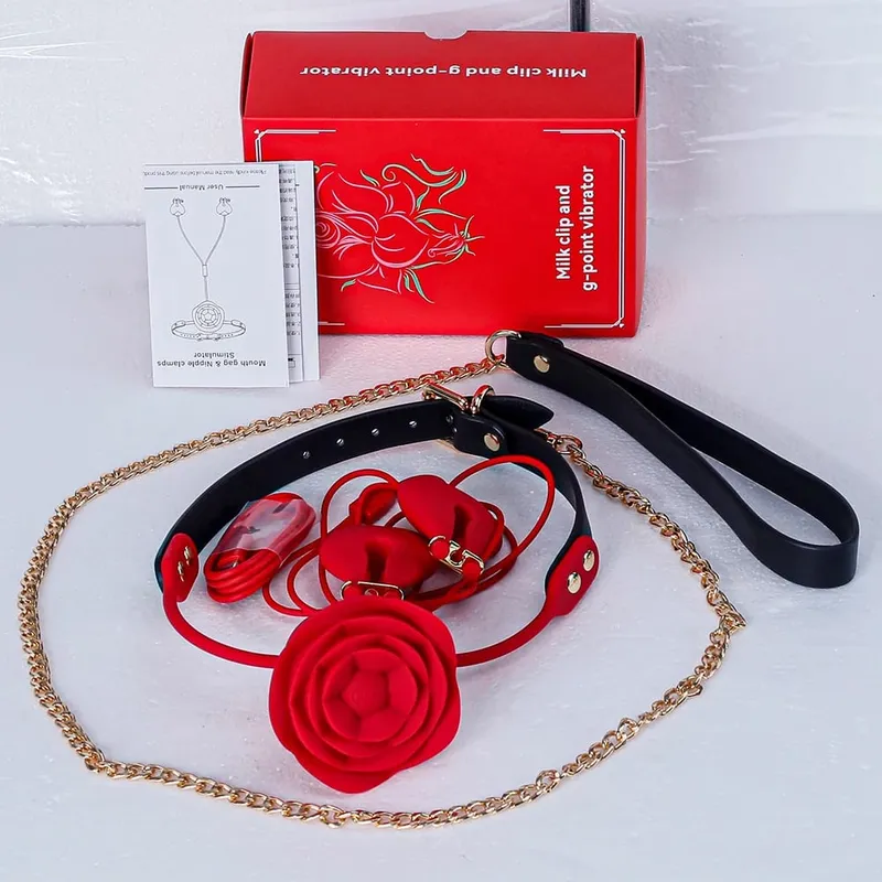 Forced Orgasm New Rose Mouth Ball Collar Leash Nipple Clamp Vibrator BDSM Couple Foreplay Masturbation Silicone Sex Toy Set