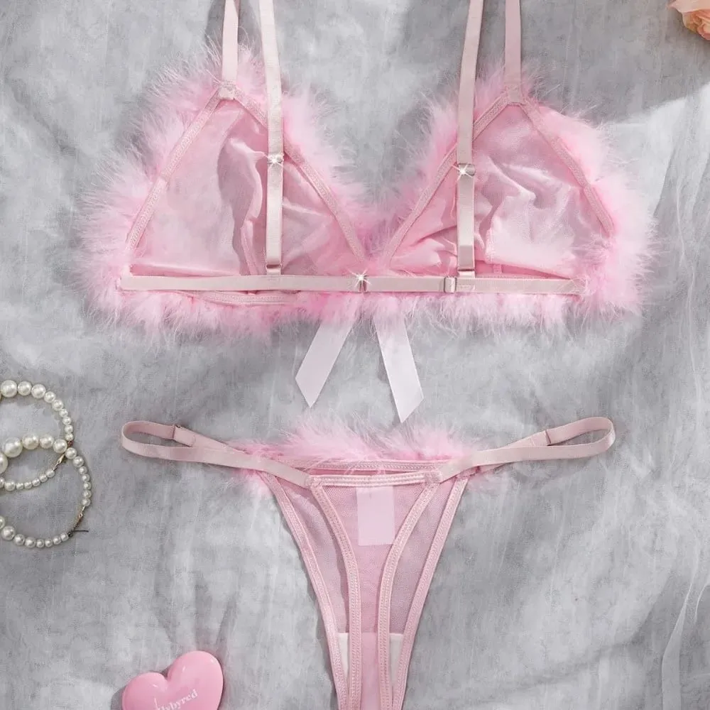 Furry Women's Underwear Mesh Transparent Wireless Lingerie Set Bow Decor Romantic Intimate Bra Panties Suit Valentine's Day — image 6