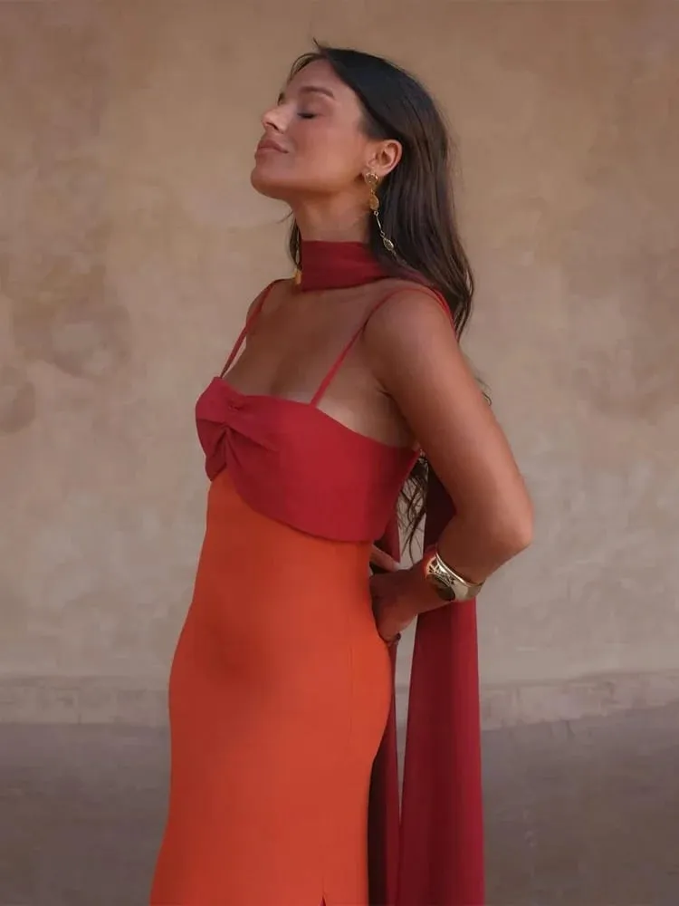 Fashion Women Color Blocking Scarf Collar Sling Dress Sexy Split Waist Cinching Bodycon Maxi Gowns 2026 Lady Club Party Vestidos — image 6