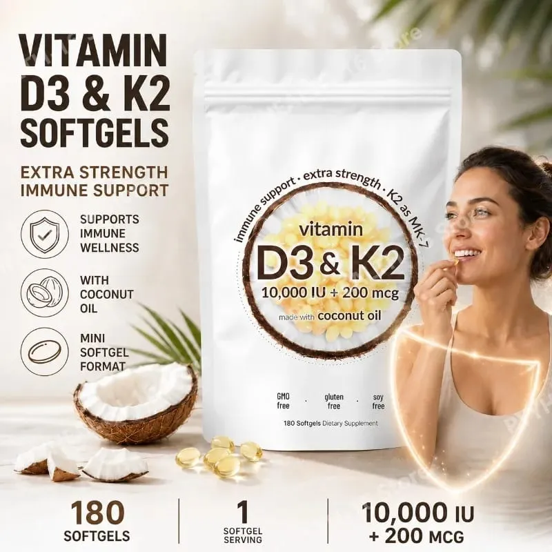 Vitamin D3 K2 Softgels with MK-7 10000 IU Vitamin D3 200mcg K2 Soy Free Gluten Free Daily Nutrition Supplement 300 Softgels — image 2