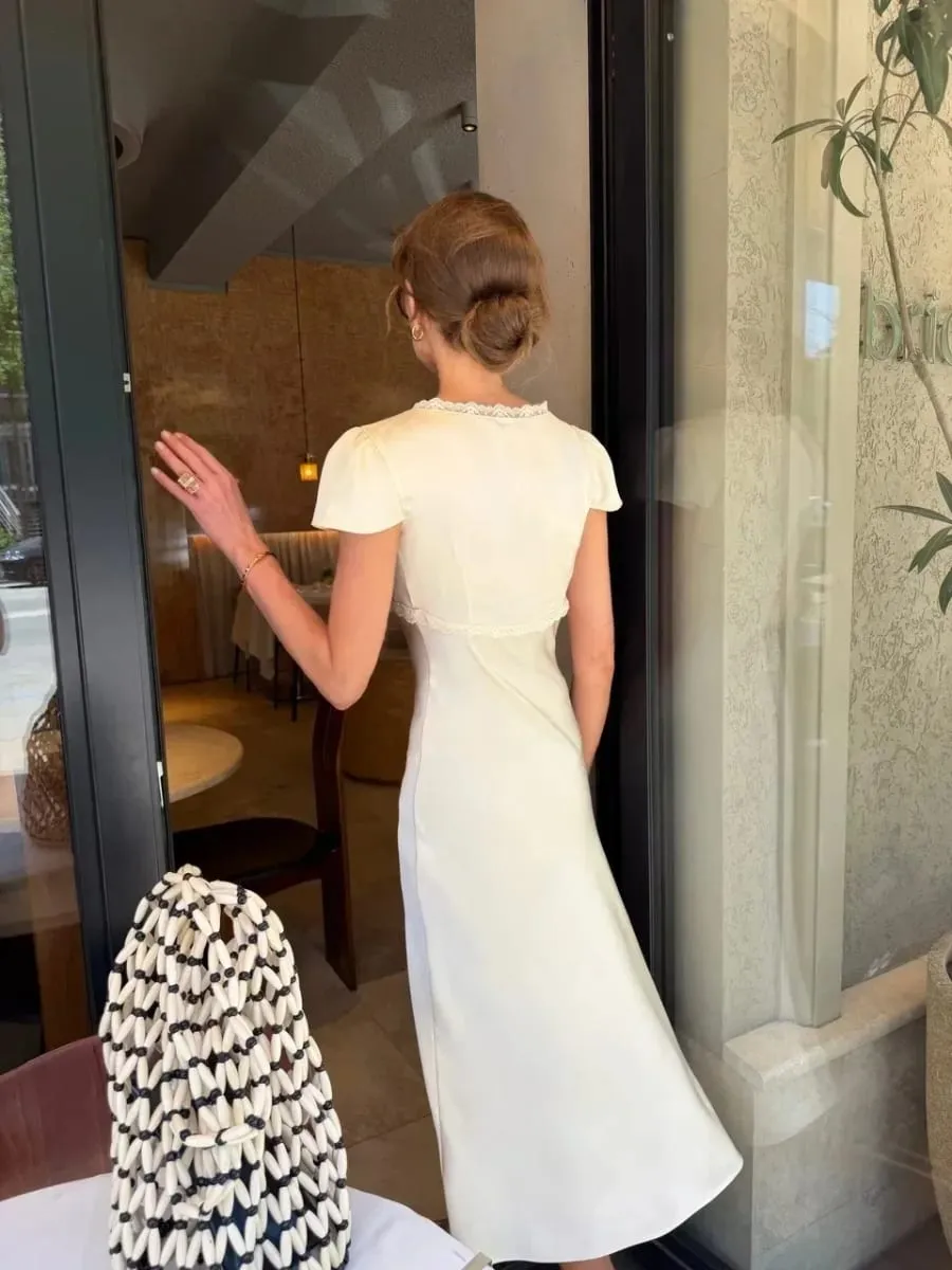 Women Elegant Satin Lace Trim Midi Dress Solid Lace Patchwork Short Sleeve V-neck Summer Dresses 2026 Summer New Holiday Robes — image 4