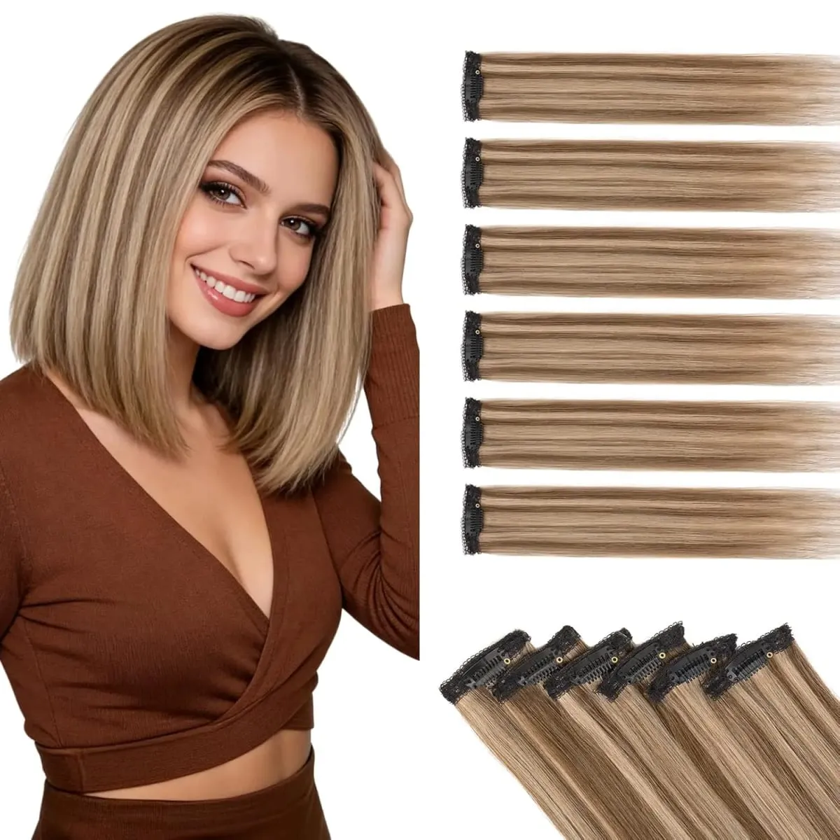 6PCS 6 Clips In Synthetic Hair Extensions Black Color Dark Blonde Short Straight Highlights Hairpin Hairpiece For Women — image 6