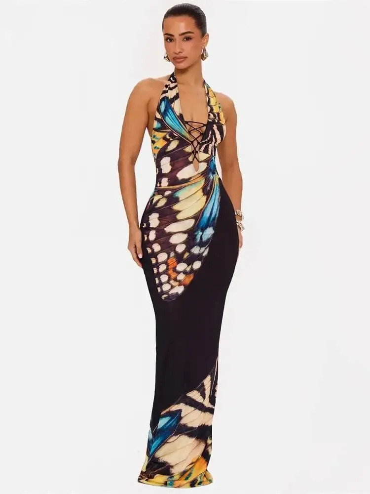 Mozision Women Butterfly Print Halter Maxi Dress Deep V Neck Bodycon Long Dress Sleeveless Backless Evening Party Club Dresses — image 2