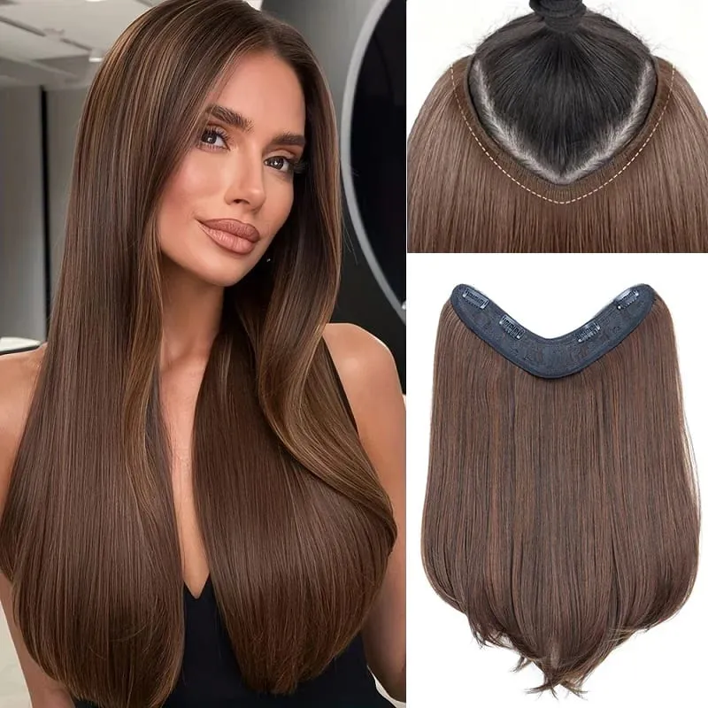 18Inch Synthetic Elegant V-Shape Internal Buckle Clip-In Hair Extensions Invisible Soft Hairpiece for Women Daily Use