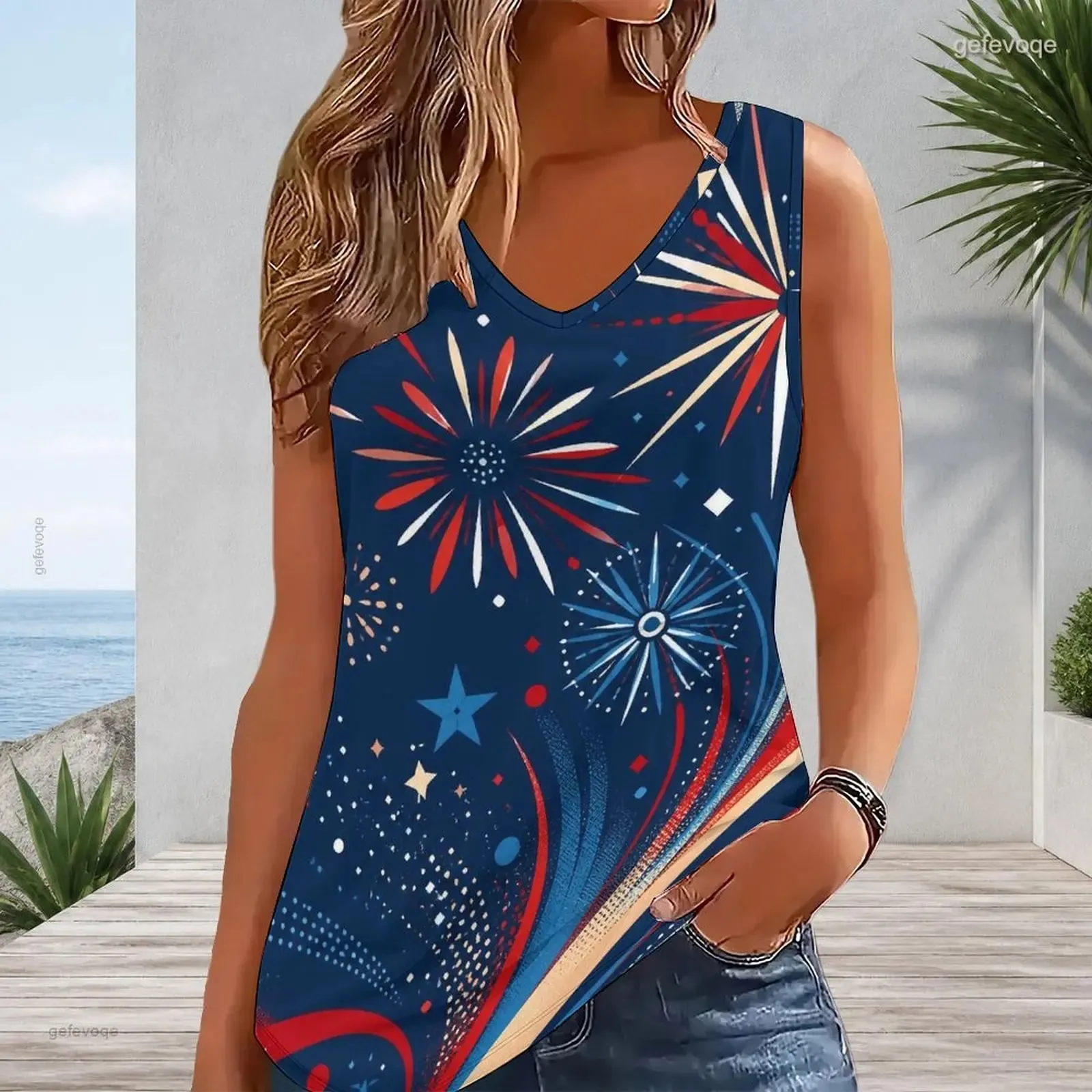 Women V Neck Sleeveless Tank Top Contrast Trim Loose Fit Casual Vest Custom Print Ladies Daily Summer Tops — image 3