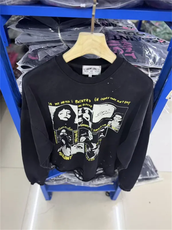 Autumn Winter New Saint Graffiti Print Vintage Washed High Street Casual Loose Cotton Versatile Hoodie Trendy Sports Top Men — image 8