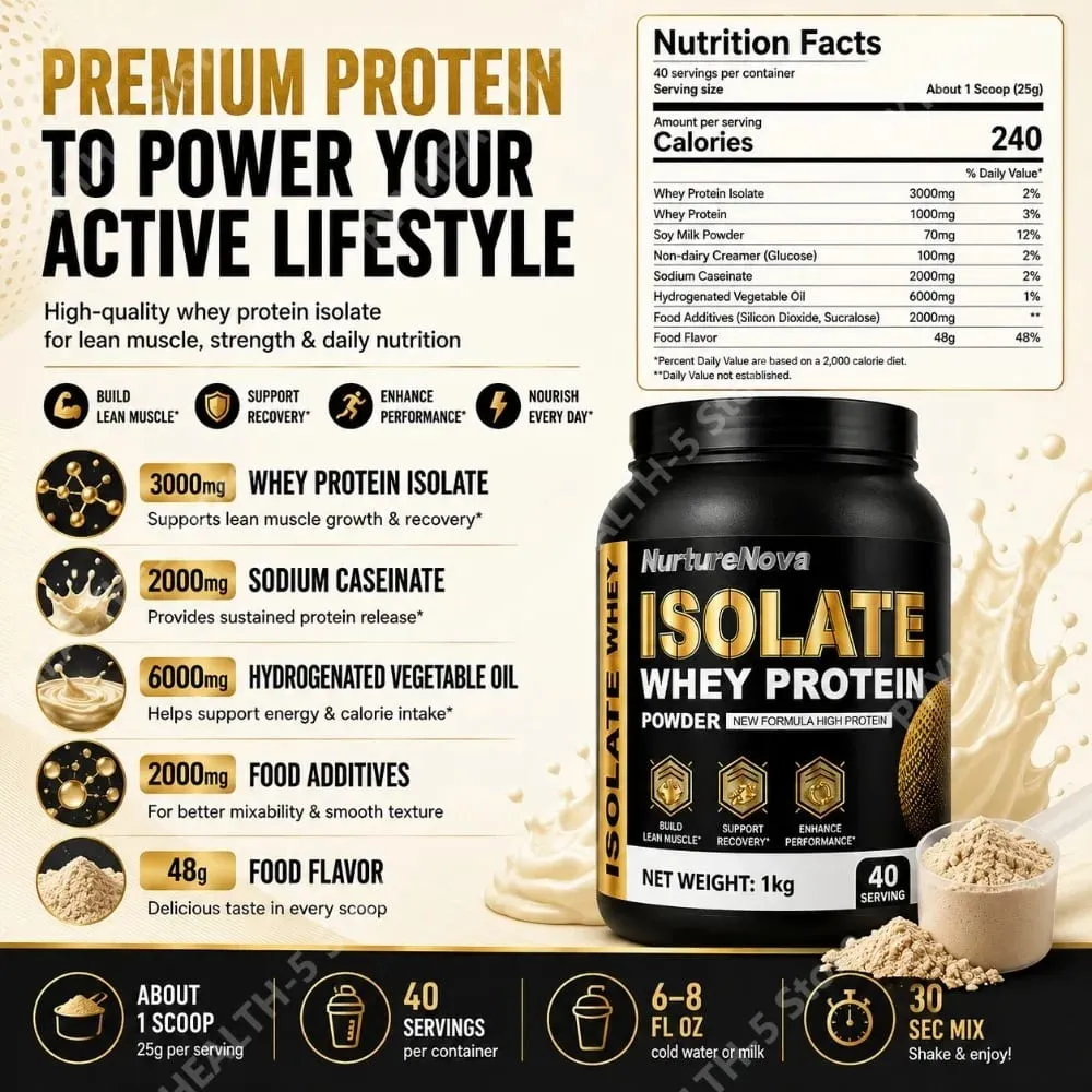 Isolate Whey Protein Powder 1kg High Protein Sports Nutrition Shake Fast Mixing Daily Fitness Nutrition 40 Servings Vanilla — image 4