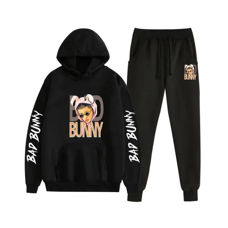 Harajuku Comfortable bad bunny Print Sweatshirt Sweatpants Suit Women's Hoodies+ Trousers Suit Boys/Girls 2 Piece Set Clothes — image 53