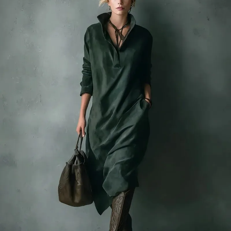 หนังนิ่มชุดใหม่กระเป๋าหลวมยาวชุดลำลองสีทึบ Midi Relaxed Fit หญิงเสื้อผ้าฤดูใบไม้ร่วงฤดูหนาวชุด