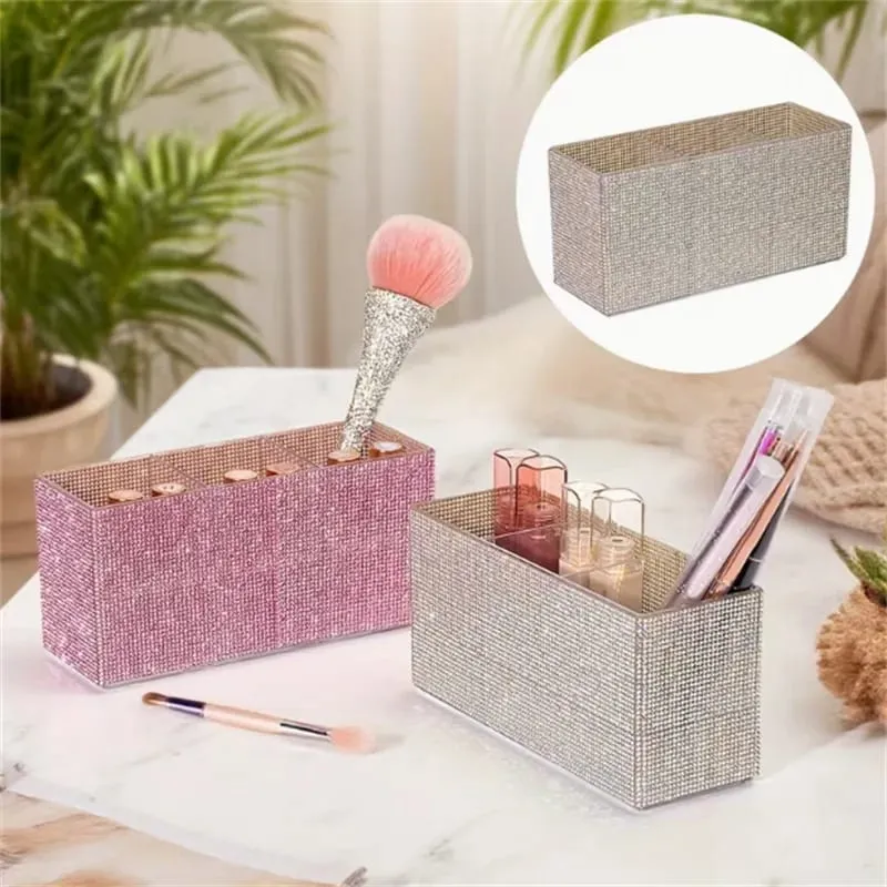 Sparkling Rhinestone Makeup Brush Organizer with 3 Compartment Large Capacity Makeup Brushes Lipstick Comestic Tools Storage Box — image 3