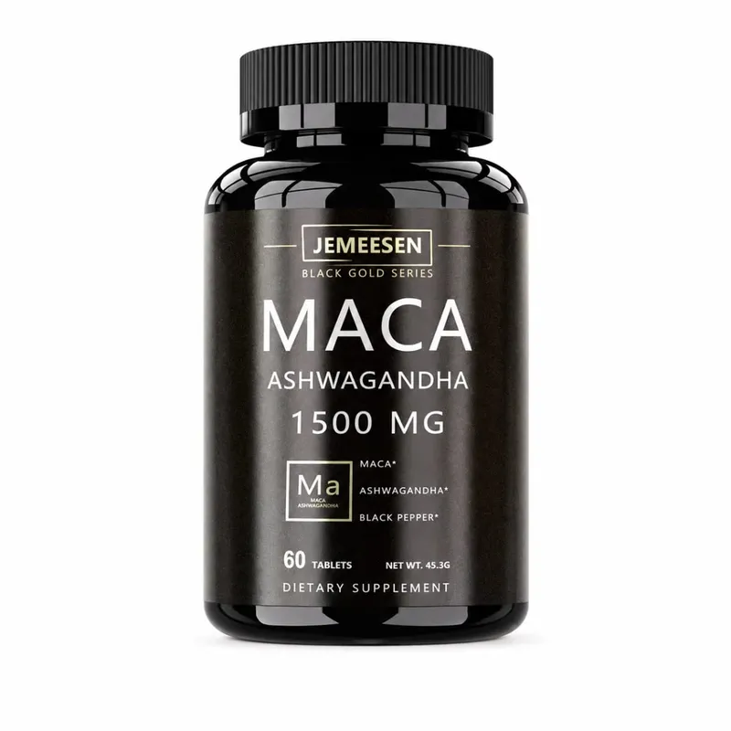 유기농 마카 뿌리 분말 캡슐 1500mg, 마카 뿌리 추출물 Ashwagandha 검은 후추 보충제 함유 남성용