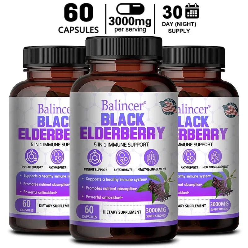 Black Elderberry Capsules with Milk Thistle Vitamin C Zinc Antioxidant Immune Support Skin Respiratory & Digestive Health