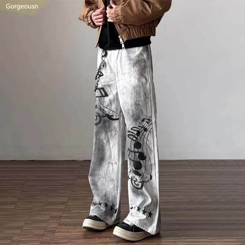 2026 New Retro Graffiti Printed White Baggy Jeans For Men High Street Straight Wide Leg Denim Pants Hip Hop Graphic Y2K Jean — image 2