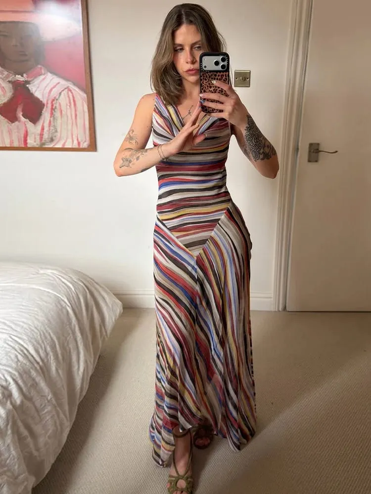 2026 Summer Colorful Stripe Long Dresses for Women Chic Sleeveless Female Midi Dress Fashion New Lady Vacation Beach Vestidos — image 6