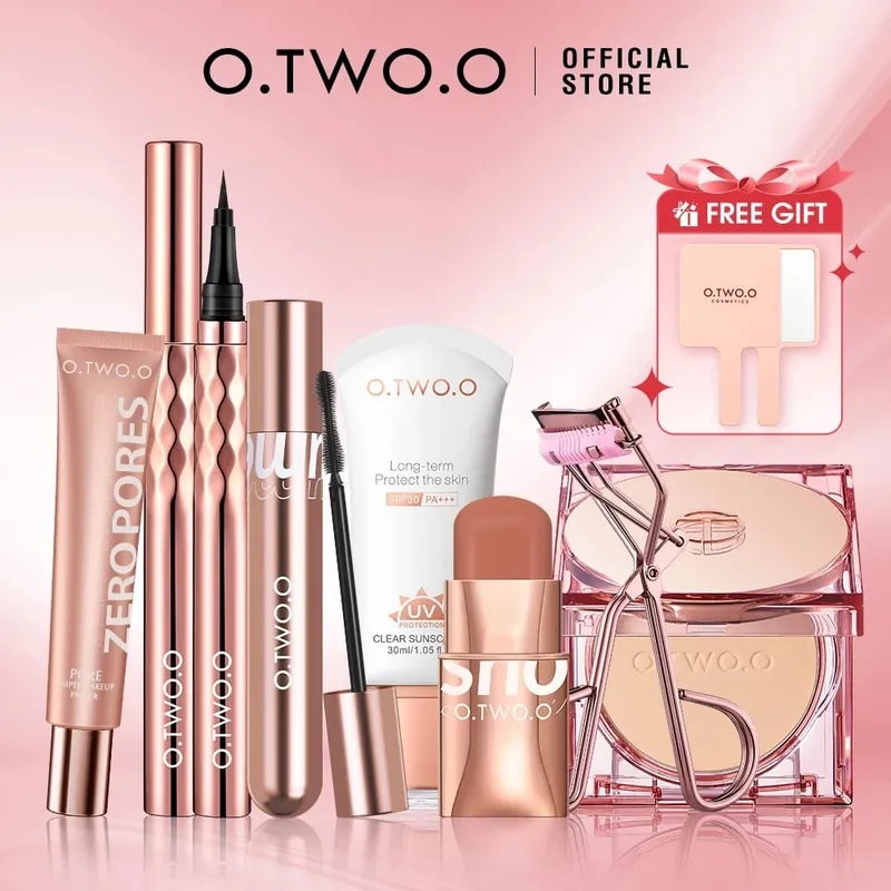 O.TWO.O 8pcs Full Makeup Kit Include Eyeliner Lipstick Blusher Face Setting Powder Mascara Eyelash Curler Sunscreen Cosmetic