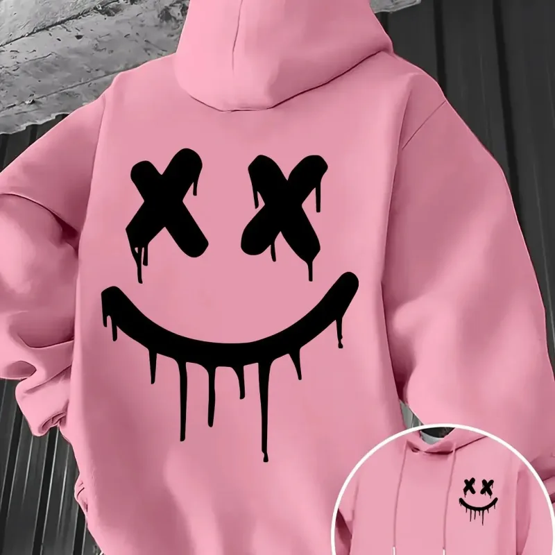 Smiley face print men's and women's autumn winter trendy printed hooded fleece sweatshirt front back casual hoodie — image 7