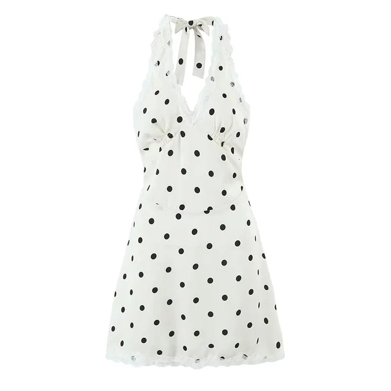 Abito con scollo all'americana a pois con spalline in pizzo Donna Elegante abito a trapezio Mini abiti sexy senza schienale Abito estivo 2025 — image 2