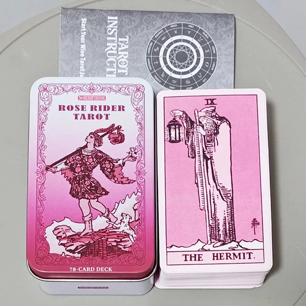 Rose Rider Tarot Deck in Tin Box - 78 Classic Vintage Pink Tarot Cards 11*6.2cm with Guidebook Aesthetic Rose Pink