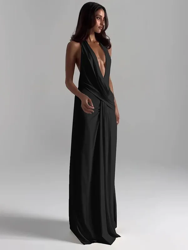 Cutenew Party Simple Women Maxi Dresses Solid Trend Halter Cross Swinging Neck Backless V-neck High Split Bodycon Mujer Vestidos