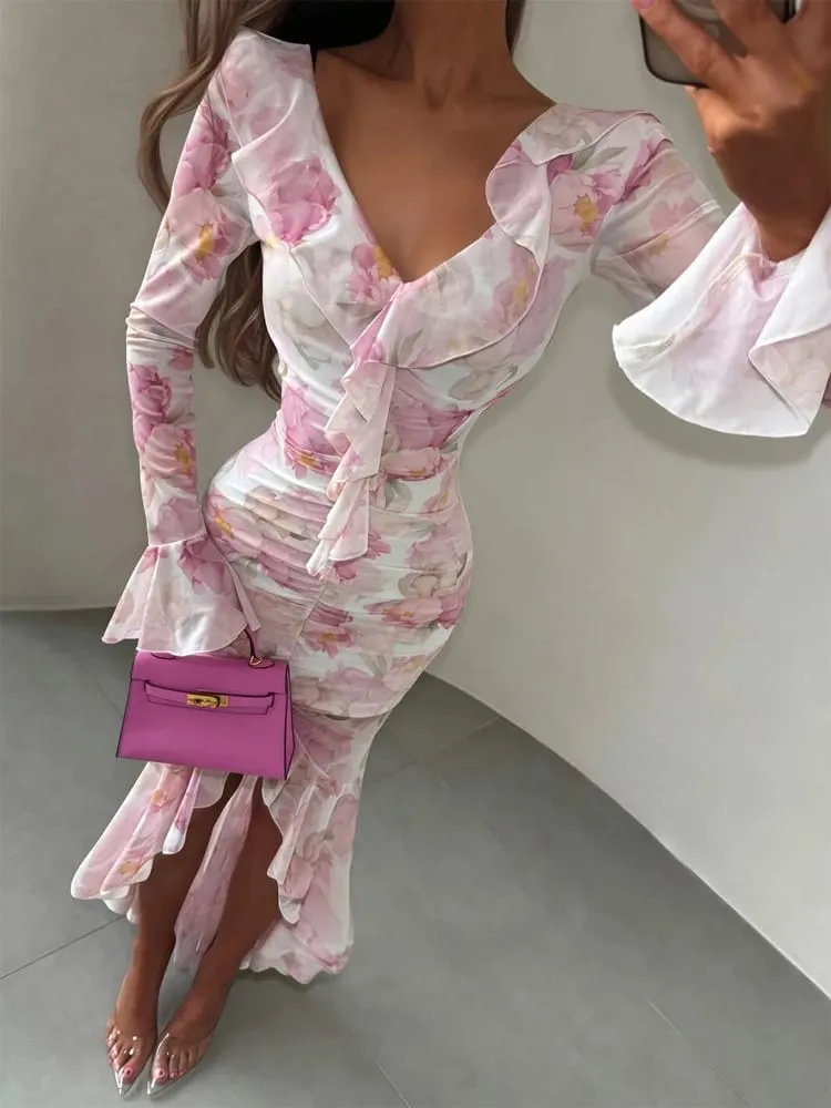 Women Pink Floral Print Maxi Dress Elegant V Neck Ruffle Trim Flare Sleeve Ruched High Chiffon Dresses 2026 Lady Party Vestido — image 3