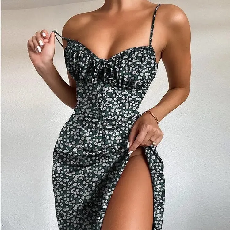 Women Elegant Floral Beach Vacation Streetwear Sexy Low Cut Beach Party Slim Slit Dress Chic Bodycon Lady Sleeveless Vestidos — image 11