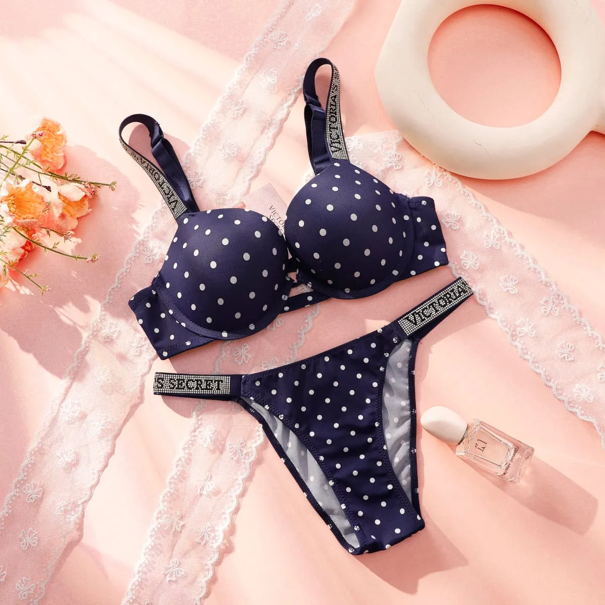 Victoria Secret Sexy Lingerie Sleepwear Plus Size Comfortable Luxury New Women Polka Dot Lace Push Up Bra And Panty Set — image 5