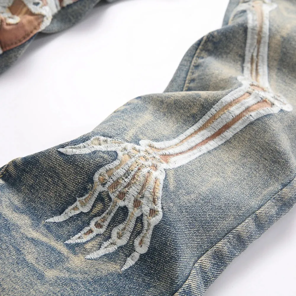 Men's Skull Boot Cut Denim Jeans Vintage Blue Devil Embroidery Stretch Pants Slim Flared Trousers — image 5