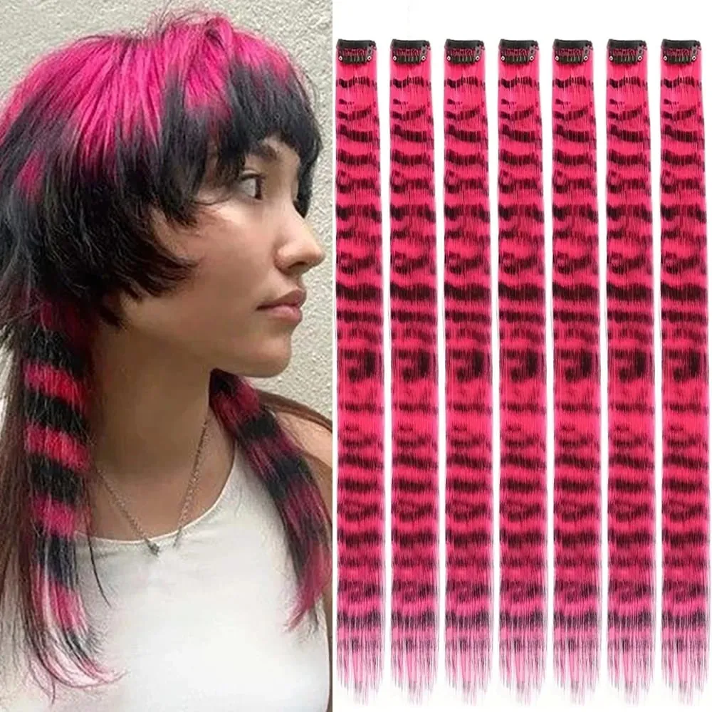 18' 7 Pcs Rainbow Long Straight Zebra Print Synthetic Feather Clip in Hair Extensions for Women Ideal Halloween Christmas — image 14