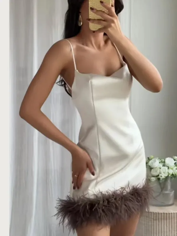 White Faux Fur Trim Cami Bodycon Mini Dress Women Sexy Backless Lace-up Dresses 2026 Lady Elegant Holiday Club Vestidos New