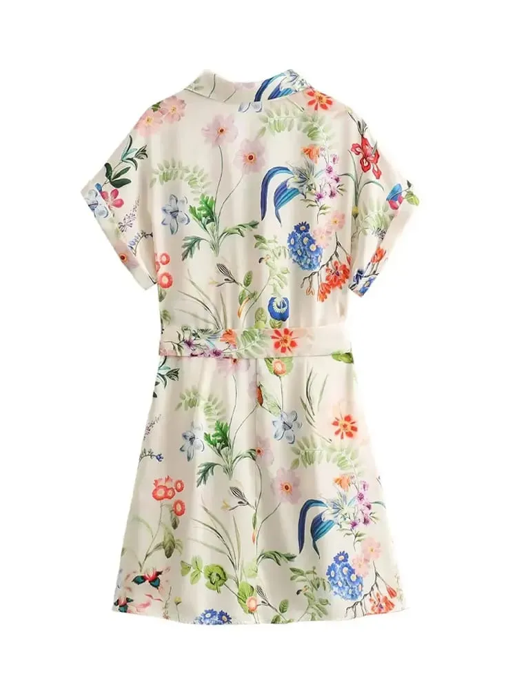 HH Casual Floral Print Shirt Dress Turn Down Collar Belt Single Button Short Dress Summer Lady Beach Party Vacation Mini Dresses — image 6