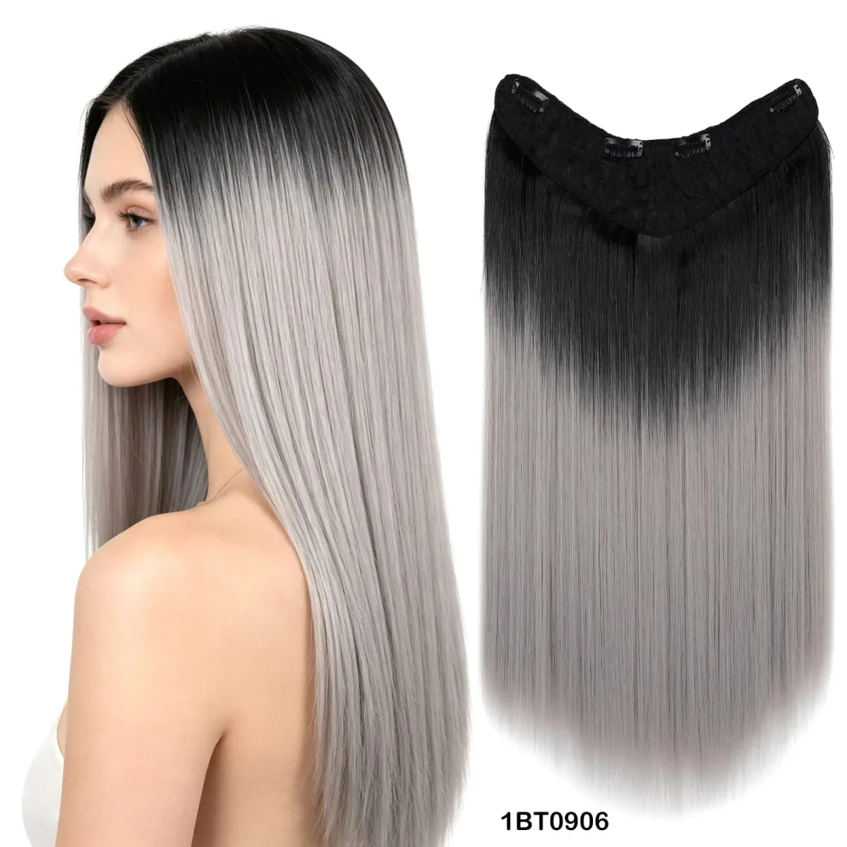 Clip In Hair Extension V Shape One Piece Straight Hair Whit 4 Clips Ombre Synthetic Hair Pieces For Women