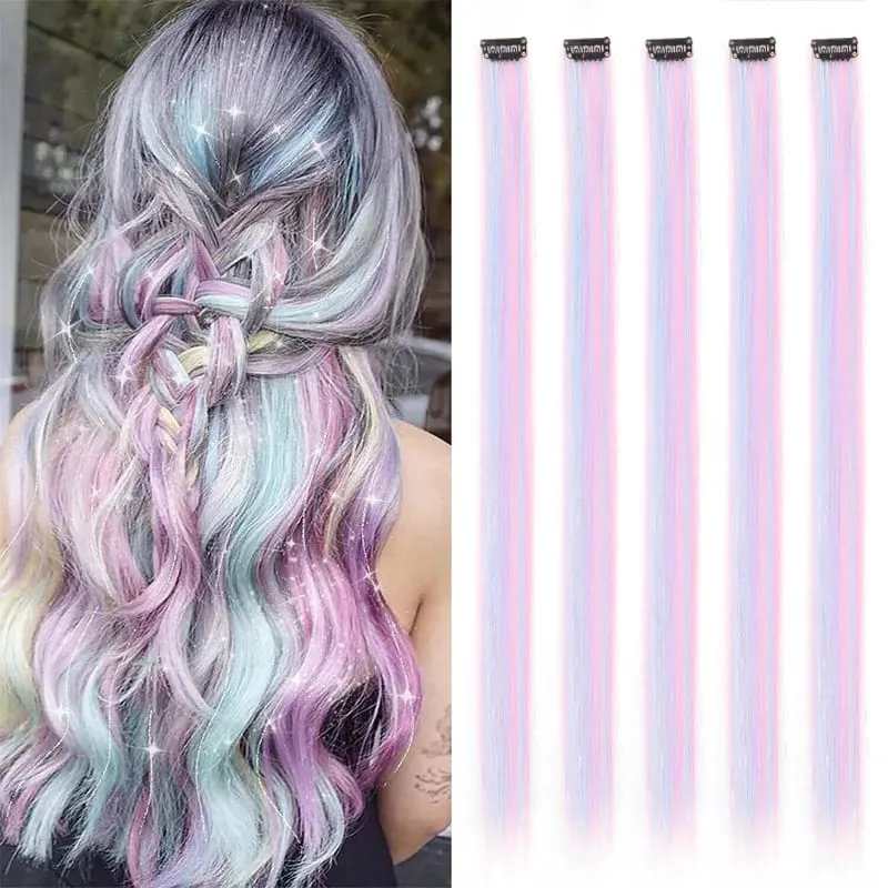 5PCS Synthetic Clip In Rainbow Tinsel Hair Extensions Colorful Glitter Sparkle Hair Shiny Hair Hairpieces For Women Girls