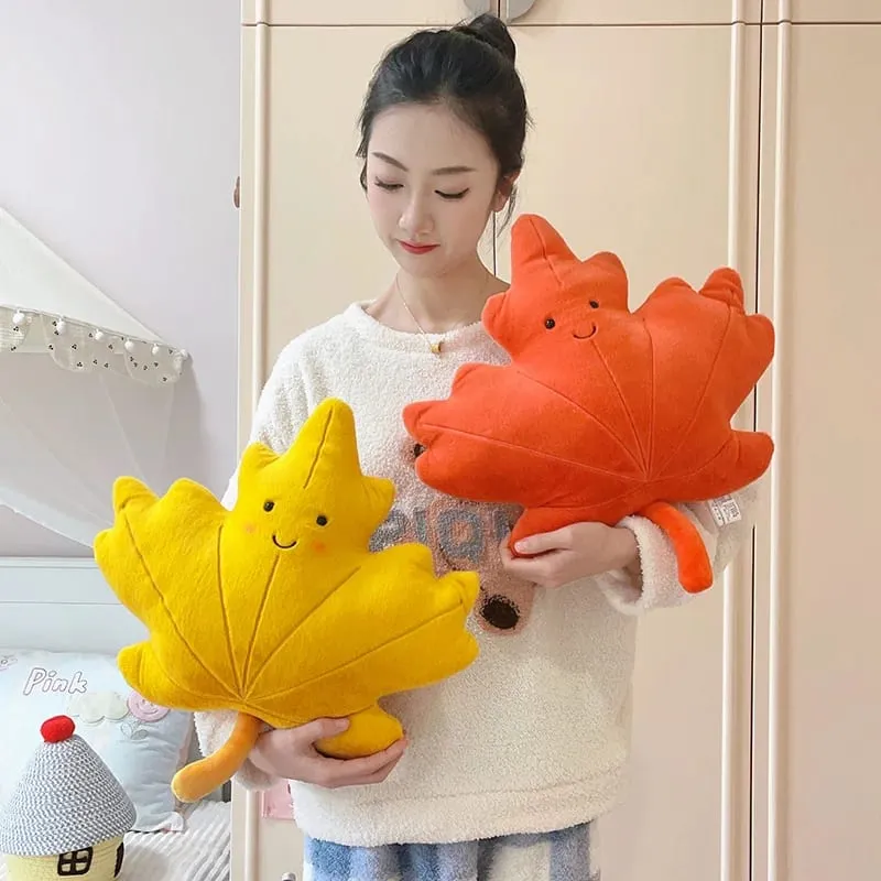 Smiling Face Maple Ginkgo Leaf Plush Pillow Stuffed Kawaii Plant Cushion Sofa Chair Decoration Gift