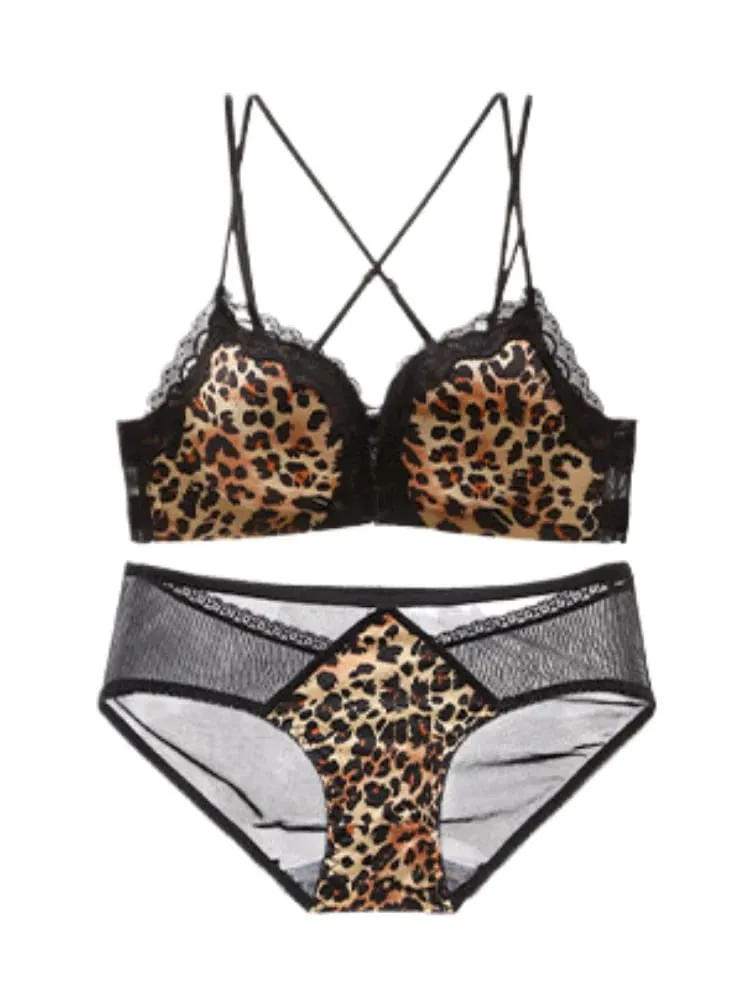 Comfortable Leopard Print Front Fastening Bra Set for Women Backless Small Chest Enhancing Hot Sale Lingerie — image 5