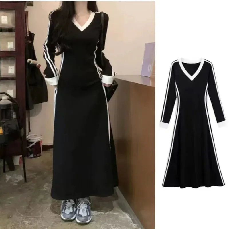 Women Autumn Midi Dress Fashion Patchwork V-Neck Short Sleeve Black Long Skirt High Waist A-Line Dress Sports Ankle-length Dress — image 6