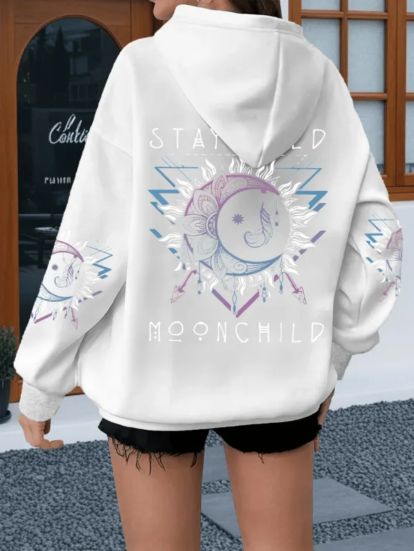 Women's Sun and Moon Print Hoodies Bohemian Loose Hooded Long Sleeve Vintage Hoodie Gifts