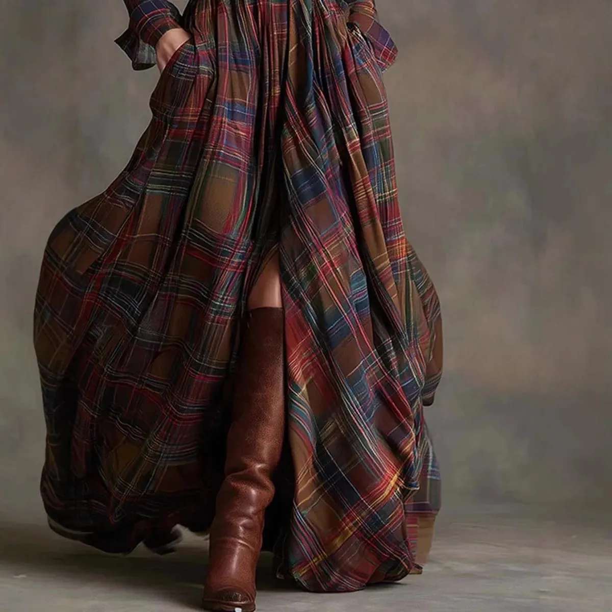 European American Women's Shirt Maxi Dress Autumn Casual Long Sleeve Button Pocket Plaid Print Lapel Retro Long Dress Vestidos — image 4