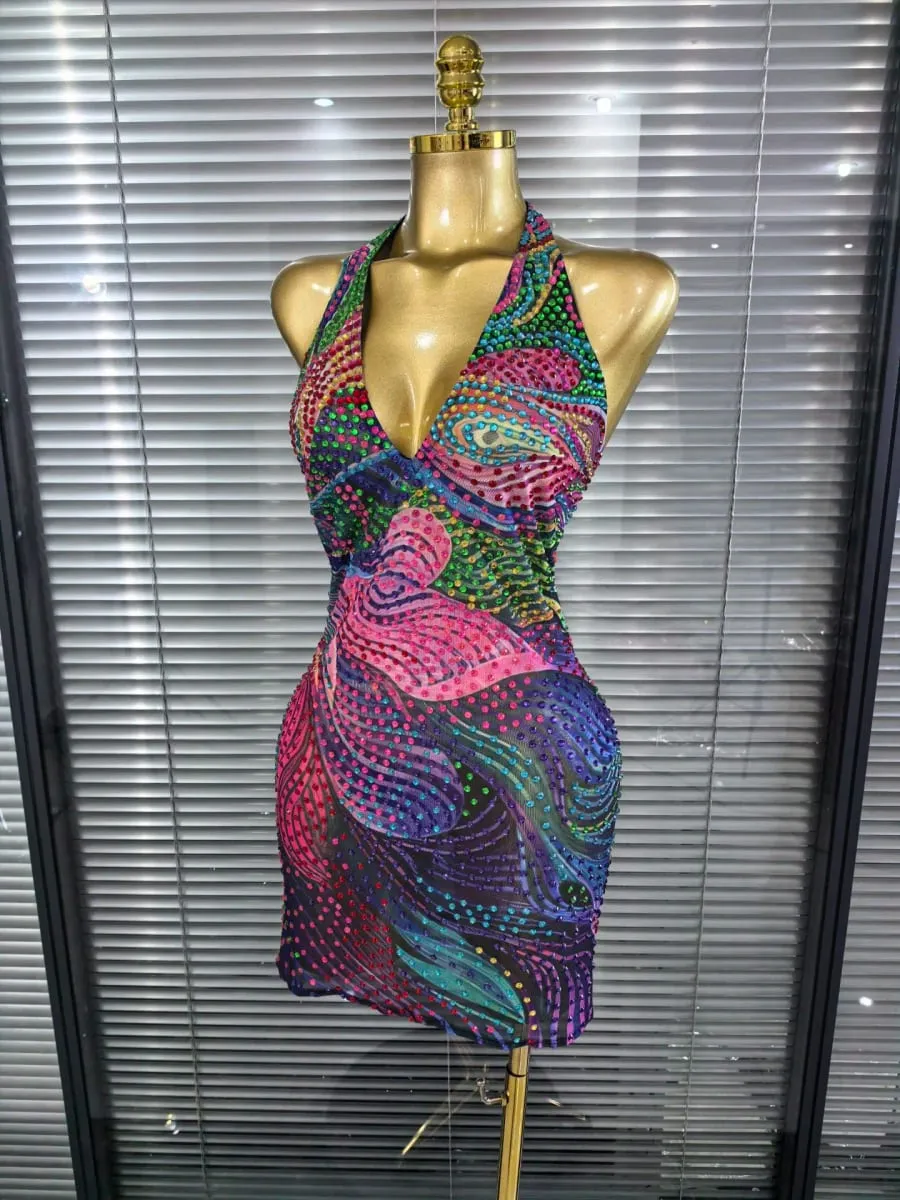 Blue Color Women Sexy Halter Backless Shinning Chain Bodycon Mini Dress Celebrate Nightclub Party Performance Costume Stage Wear — image 3