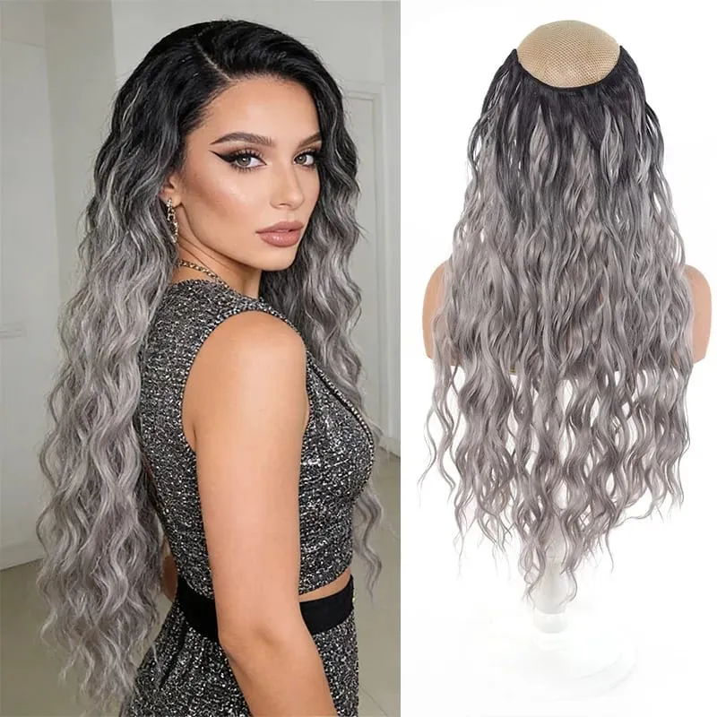 V Shape One Piece Ombre Water Wave Clip In Hair Extensions Synthetic Curly Hairpiece for Women