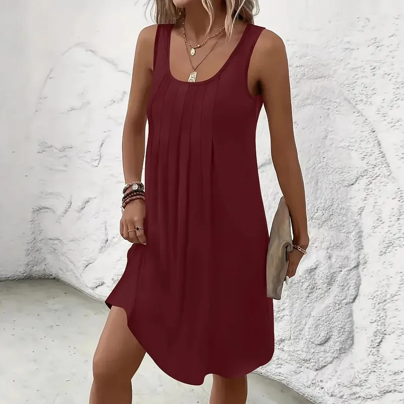 2026 New Casual Women Tank Dresses U Neck Front Pleated Loose Swing Mini Dress Solid Color Soft Summer Beach Daily Wear Robes