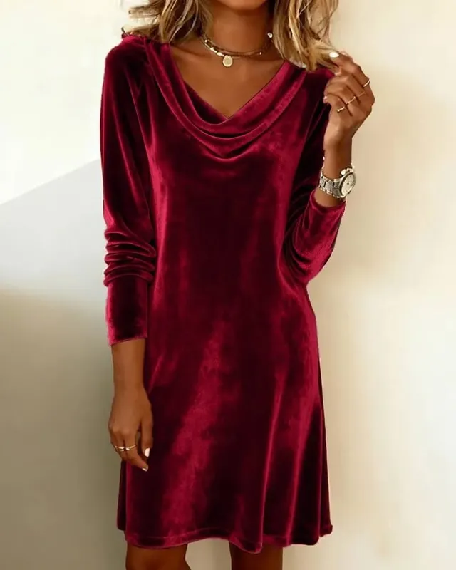 Women's Spring and Summer Velvet Dress with High Neck Flattering Fit Slimming and Elegant Medium-Length Silky Velvet Skirt — image 5