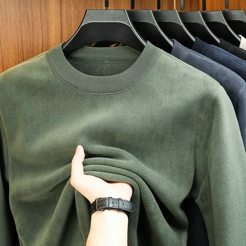 Autumn and Winter Men's Velvet Hoodie Long Sleeve Round Neck Solid Color Fashion Casual Versatile Top — image 8