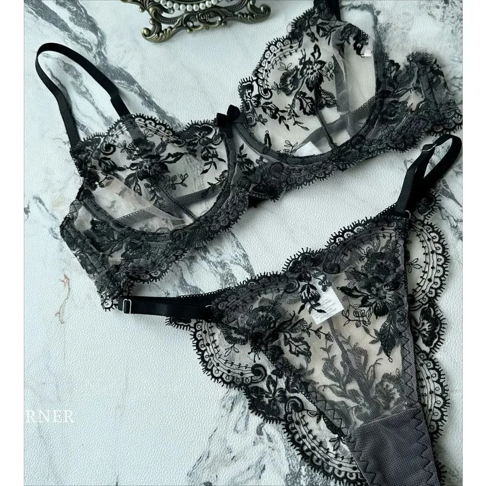 Sexy Transparent Lace Bra French Embroidery Thin Push‑Up Gather Bra For Men Crossdresser Sheer Lingerie Underwear — image 5